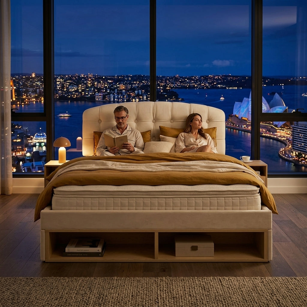 Audreamy Modra Upholstered Bed with Storage Drawers, Adjustable Headboard Beige Velvet
