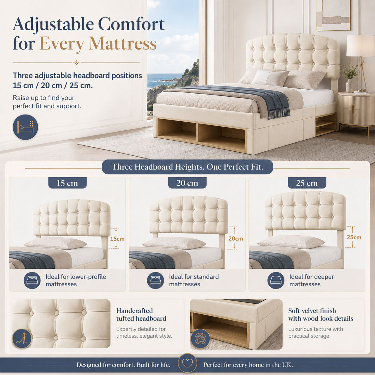 Audreamy Modra Upholstered Bed with Storage Drawers, Adjustable Headboard Beige Velvet