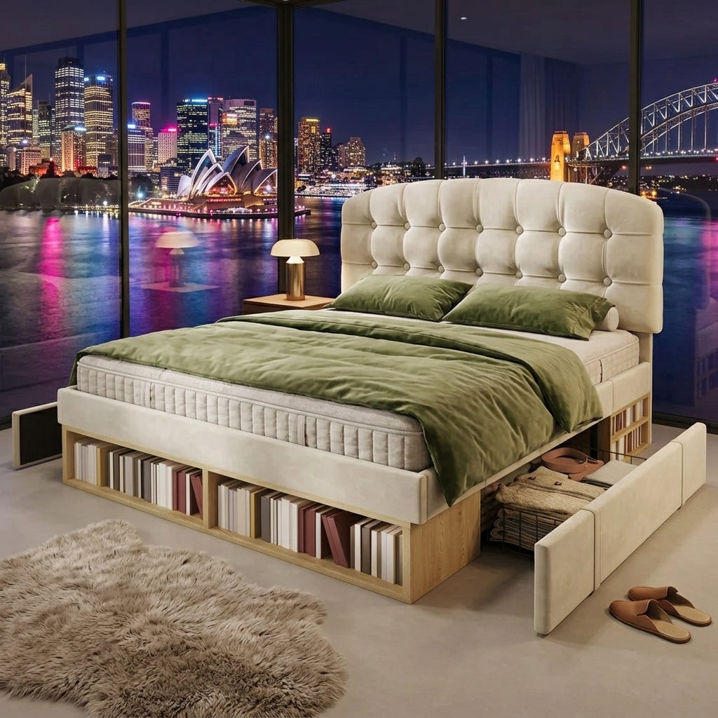 Audreamy Modra Upholstered Bed with Storage Drawers, Adjustable Headboard Beige Velvet