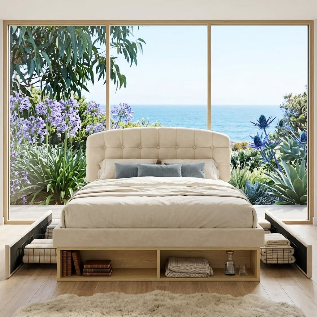 Audreamy Modra Upholstered Bed with Storage Drawers, Adjustable Headboard Beige Velvet
