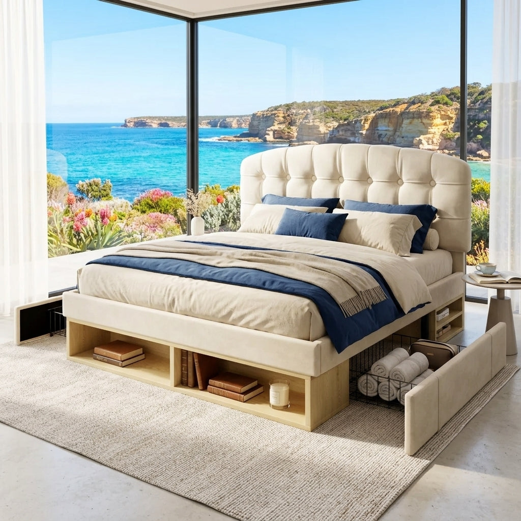 Audreamy Modra Upholstered Bed with Storage Drawers, Adjustable Headboard Beige Velvet