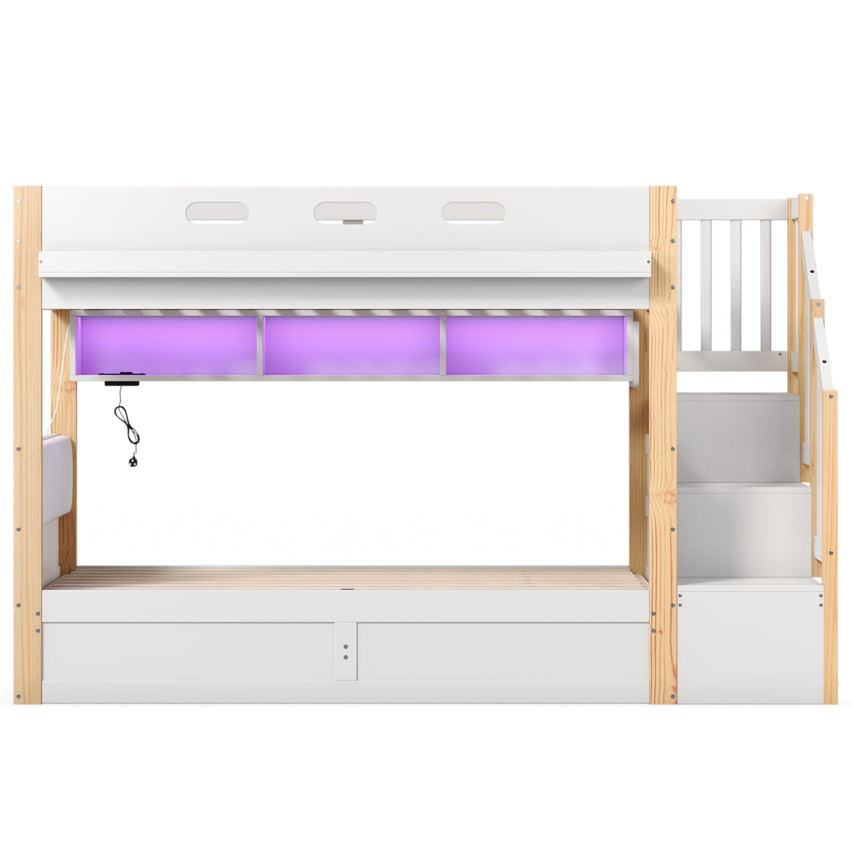 Audreamy Bobo Children's Loft Bunk Bed with LED Lights & Storage Stairs White Natural ottoman