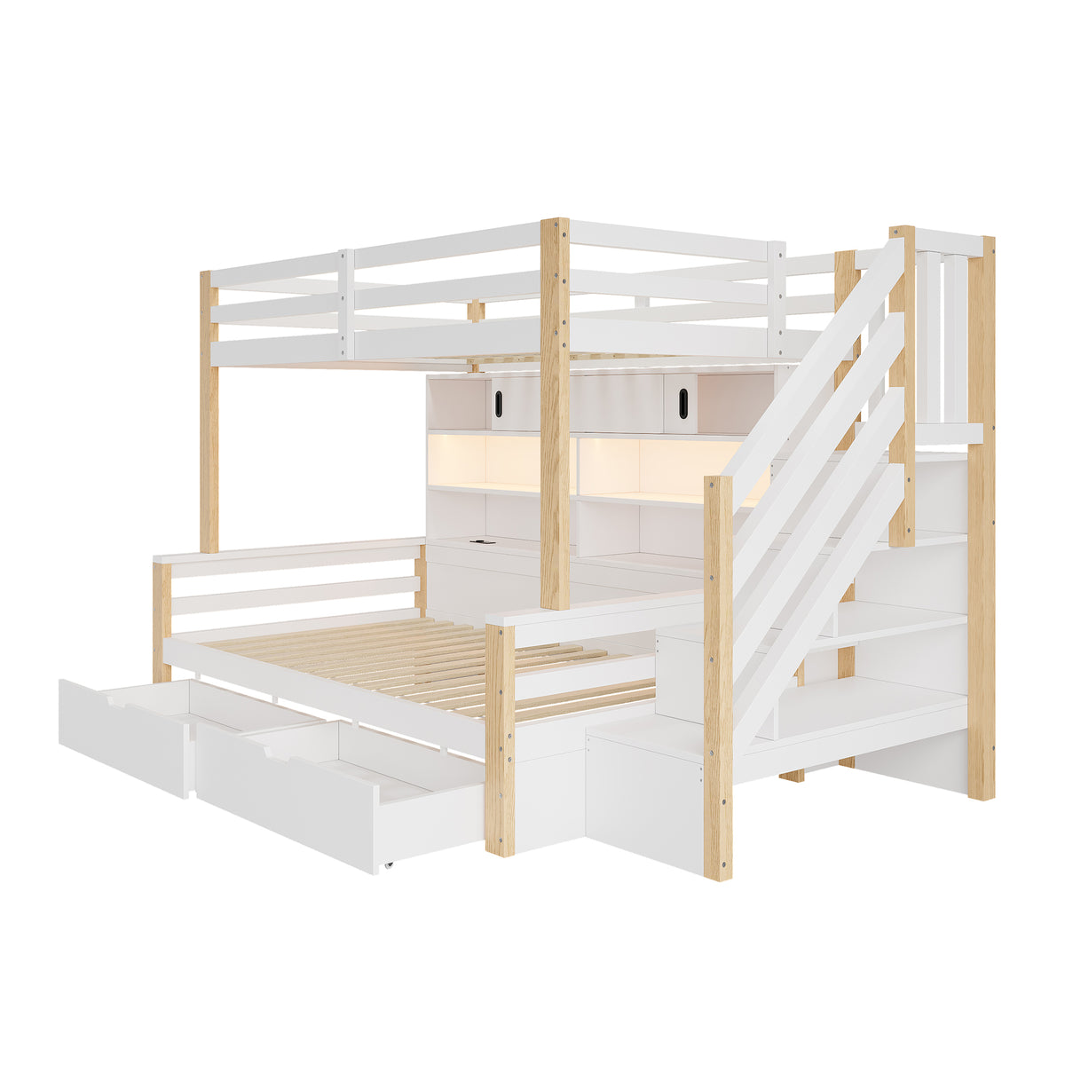 Audreamy Kuga Loft Bed, Solid Wood Frame with Drawers, Storage Stairs, Shelves & Lockers, Safety Guardrails