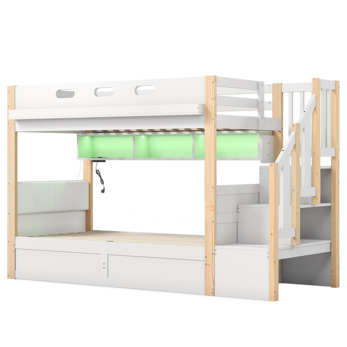 Audreamy Bobo Children's Loft Bunk Bed with LED Lights & Storage Stairs White Natural ottoman
