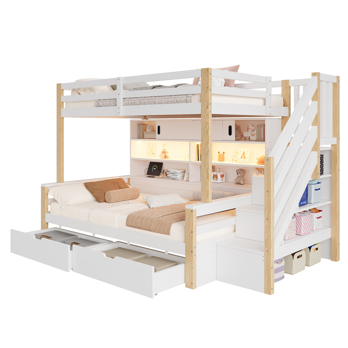 Audreamy Kuga Loft Bed, Solid Wood Frame with Drawers, Storage Stairs, Shelves & Lockers, Safety Guardrails
