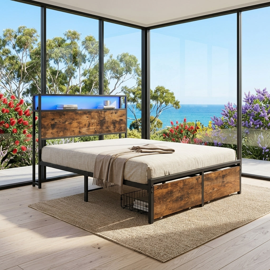 Audreamy Hudson Bed Frame with Storage Drawers Black Wood