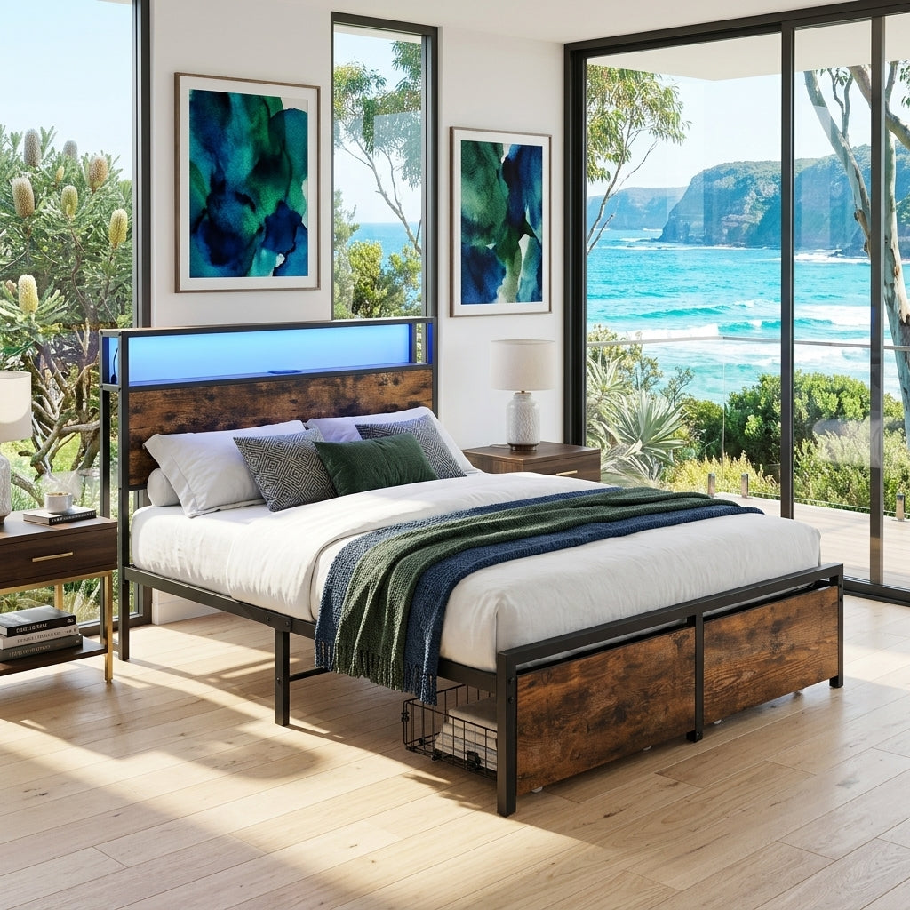 Audreamy Hudson Bed Frame with Storage Drawers Black Wood