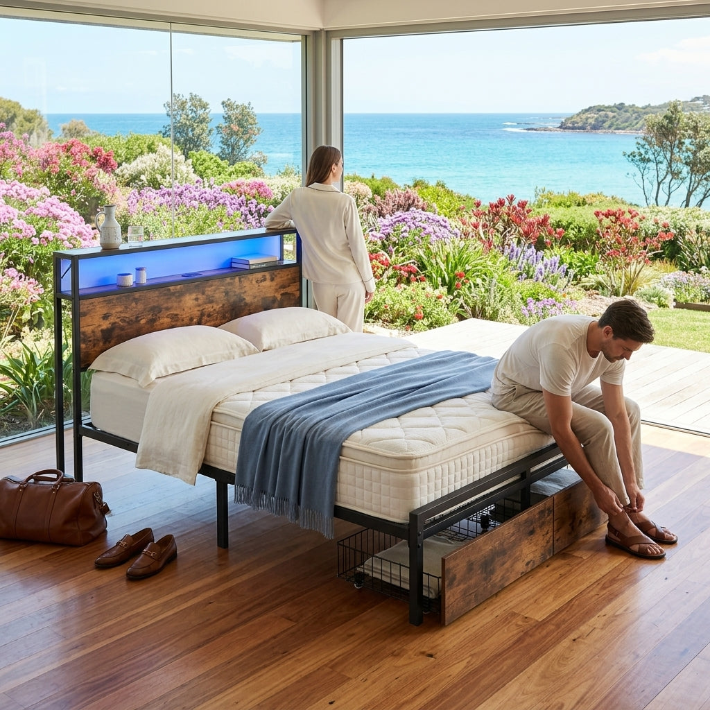 Audreamy Hudson Bed Frame with Storage Drawers Black Wood