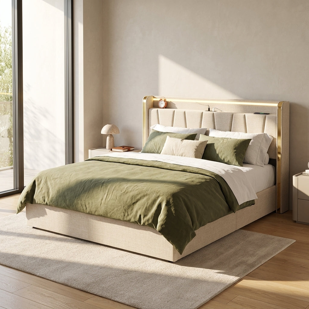 Upholstered Bed Frame with Hydraulic Storage, Ottoman Bed Beige Linen