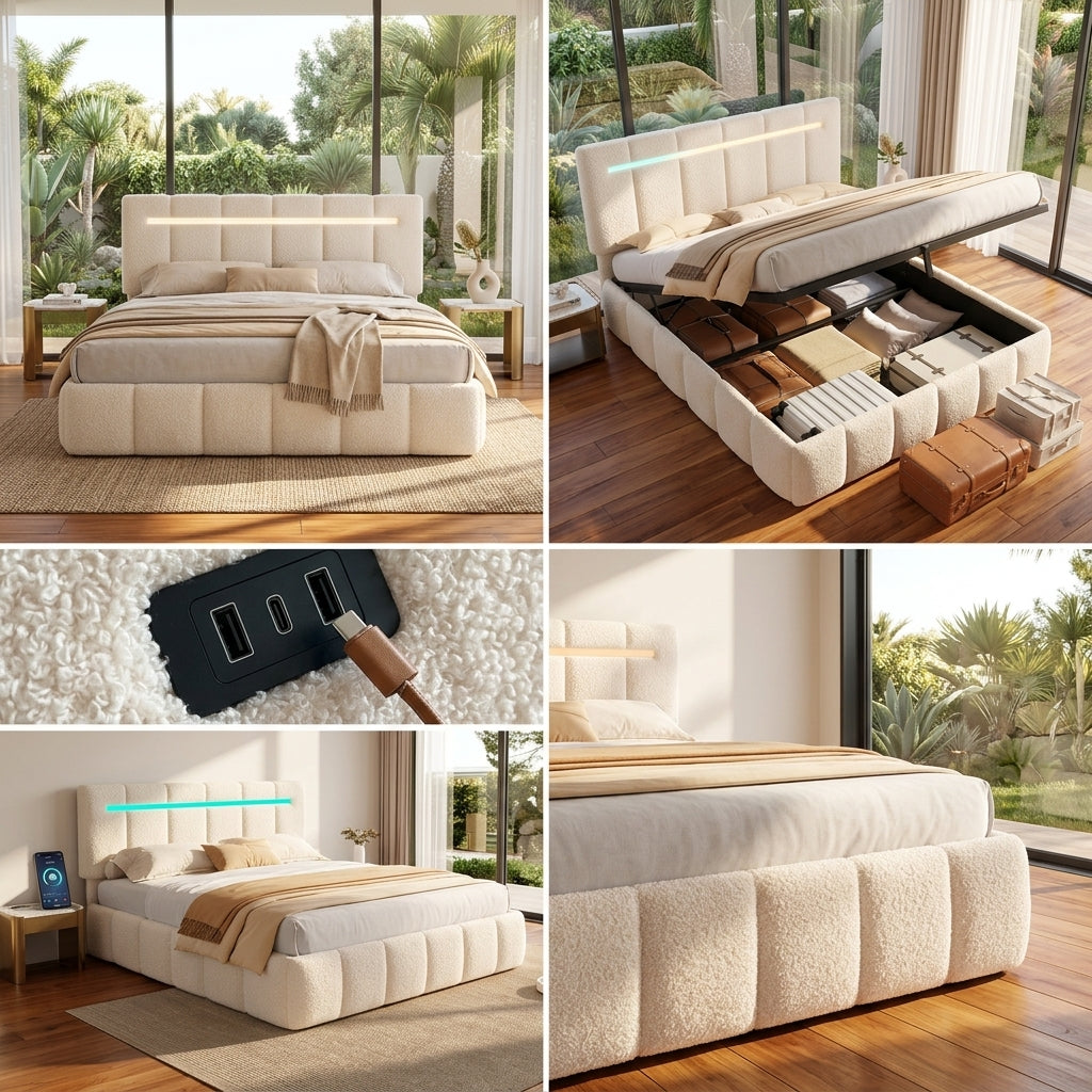Upholstered Bed Frame with Hydraulic Storage, Ottoman Bed Beige