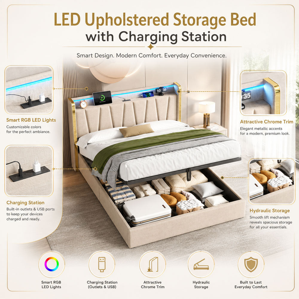 Upholstered Bed Frame with Hydraulic Storage, Ottoman Bed Beige Linen