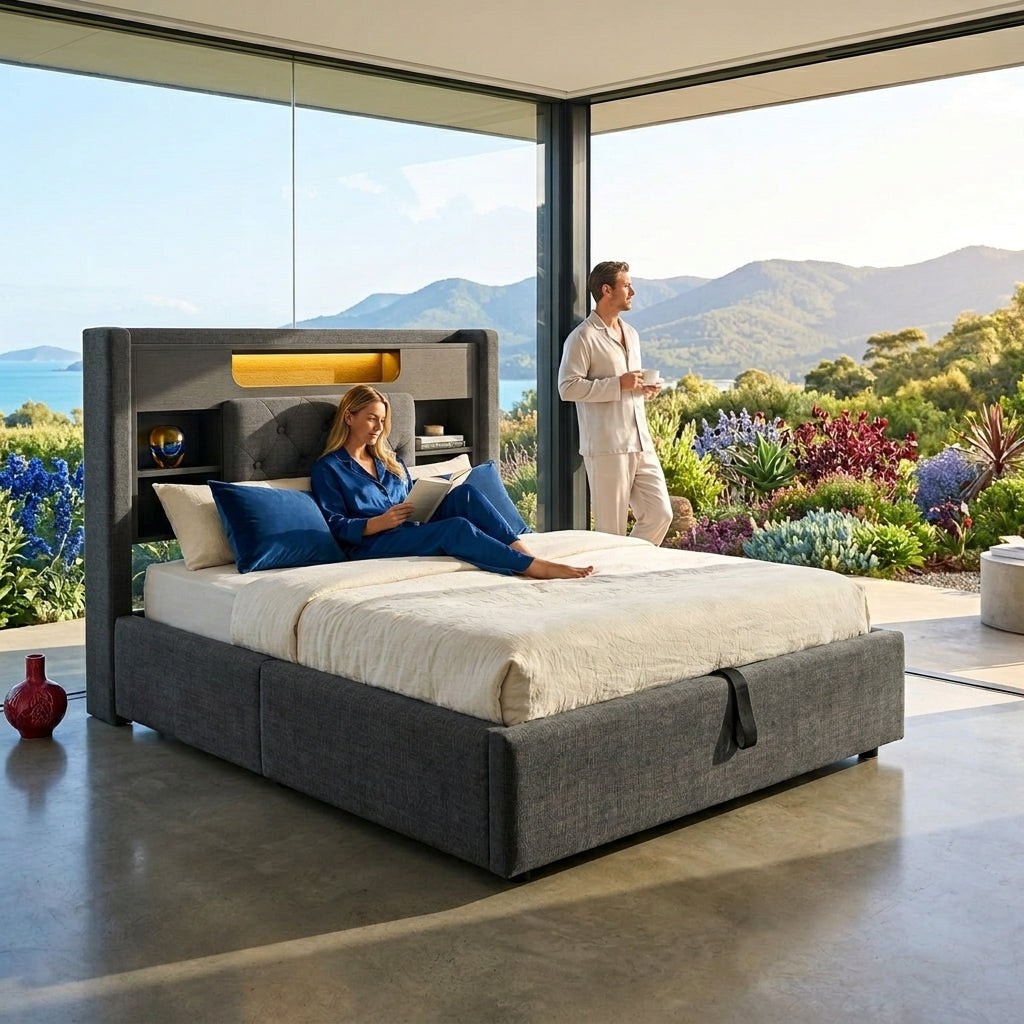 Audreamy Dorma Ottoman Bed with Storage Drawers, LED & USB Charging Grey Linen