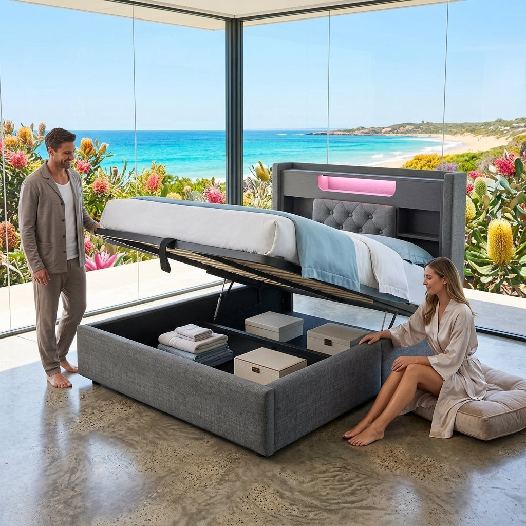 Audreamy Dorma Ottoman Bed with Storage Drawers, LED & USB Charging Grey Linen