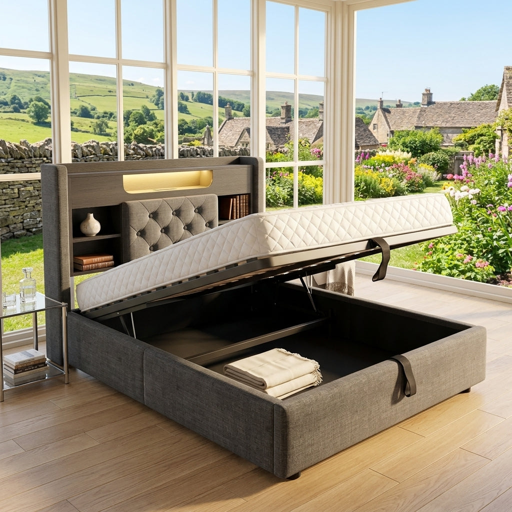 Audreamy Dorma Ottoman Bed with Storage Drawers, LED & USB Charging Grey Linen