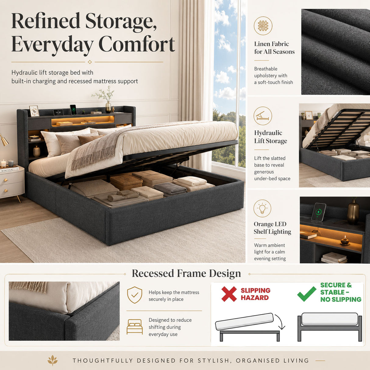 Audreamy Dorma Ottoman Bed with Storage Drawers, LED & USB Charging Grey Linen