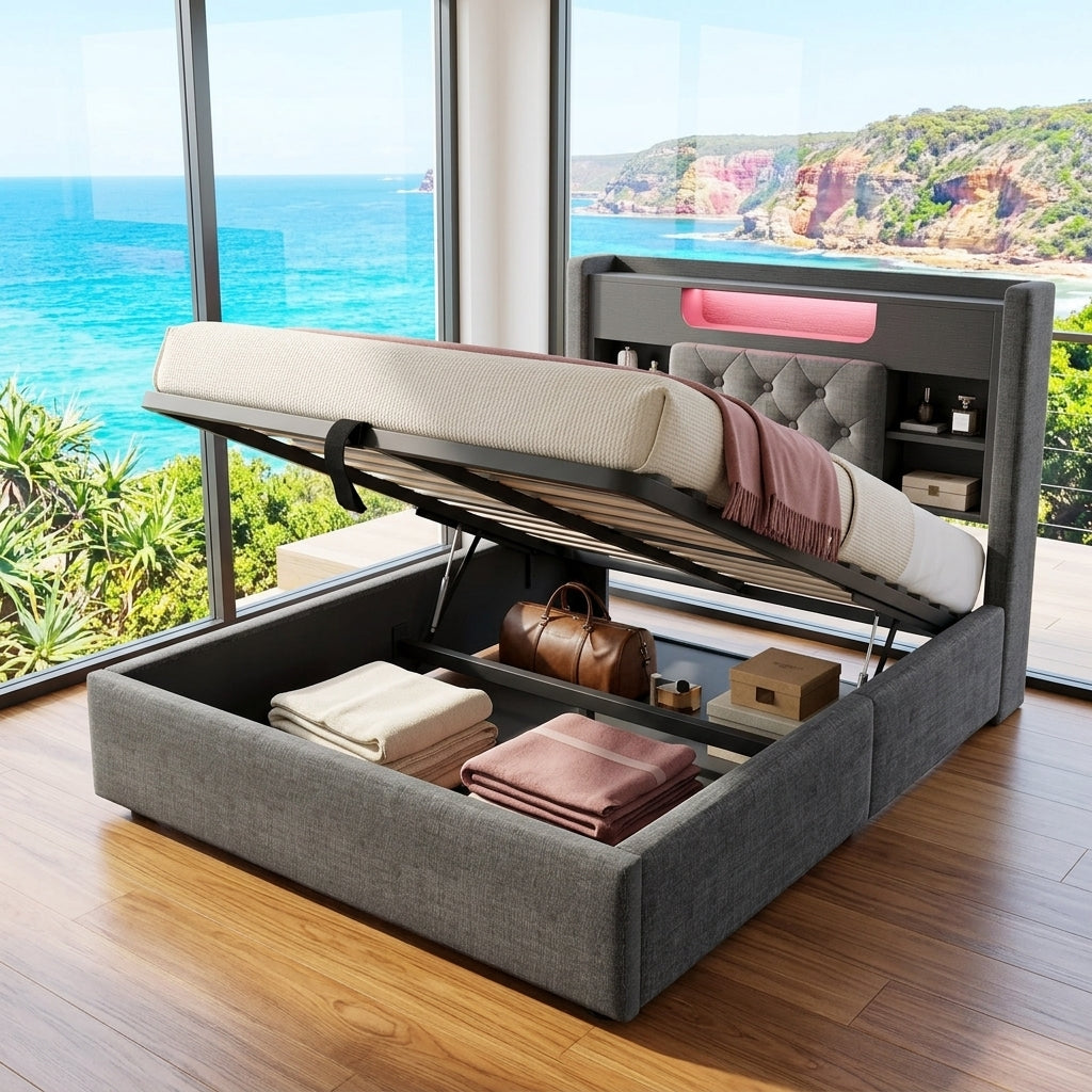Audreamy Dorma Ottoman Bed with Storage Drawers, LED & USB Charging Grey Linen