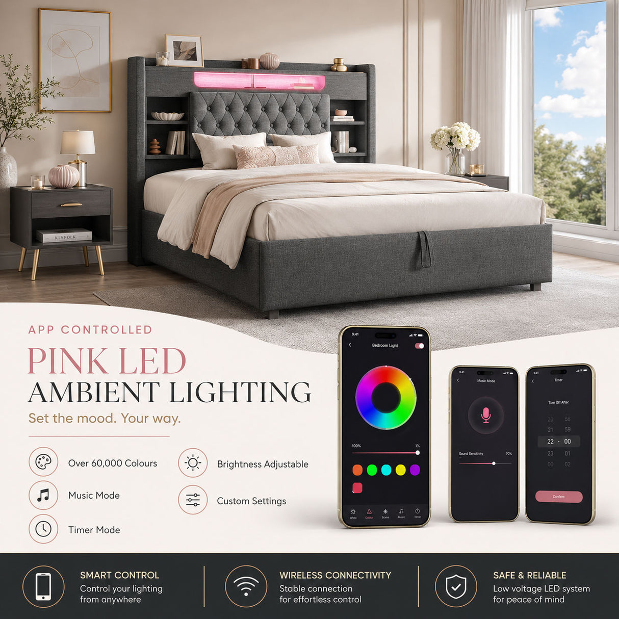 Audreamy Dorma Ottoman Bed with Storage Drawers, LED & USB Charging Grey Linen