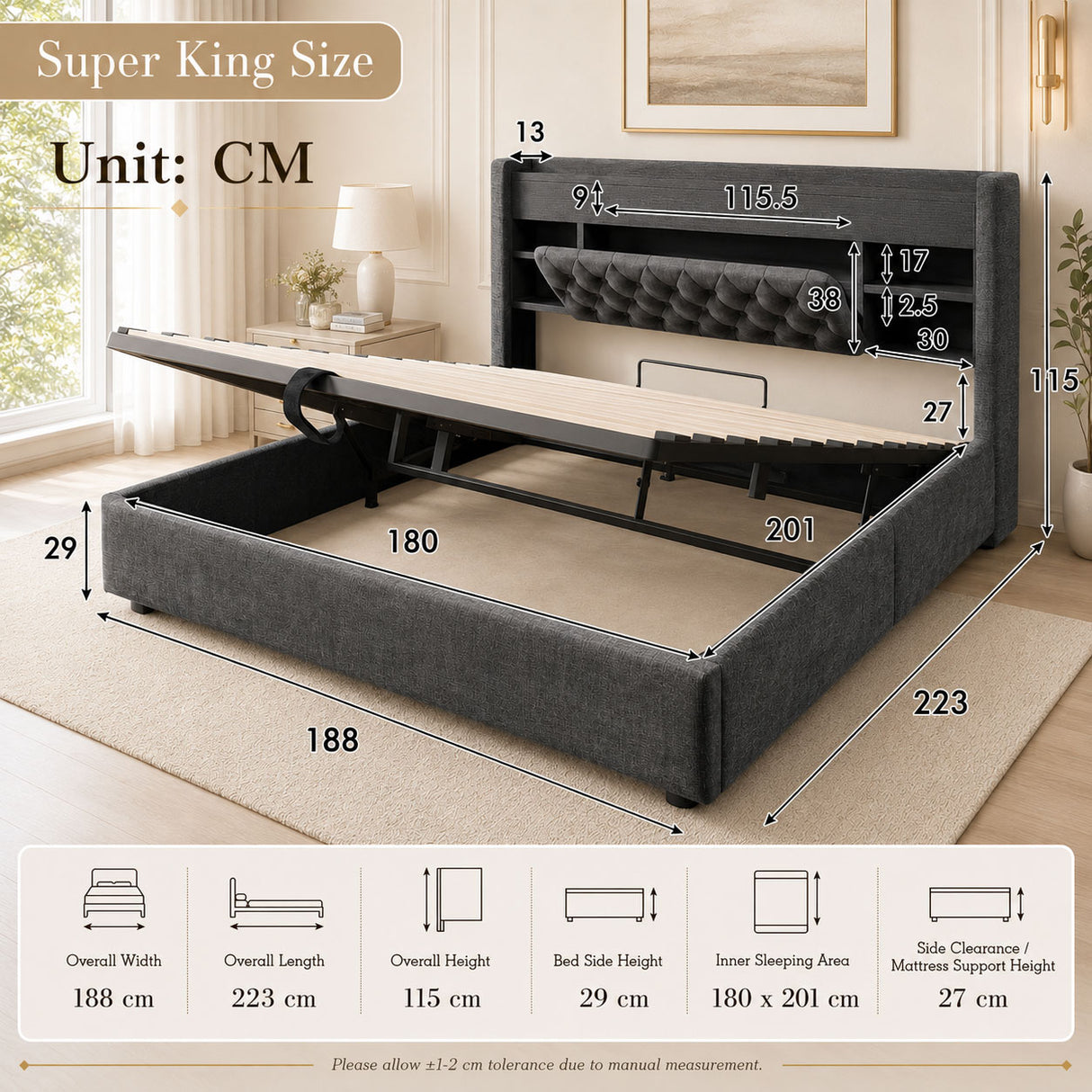 Audreamy Dorma Ottoman Bed with Storage Drawers, LED & USB Charging Grey Linen