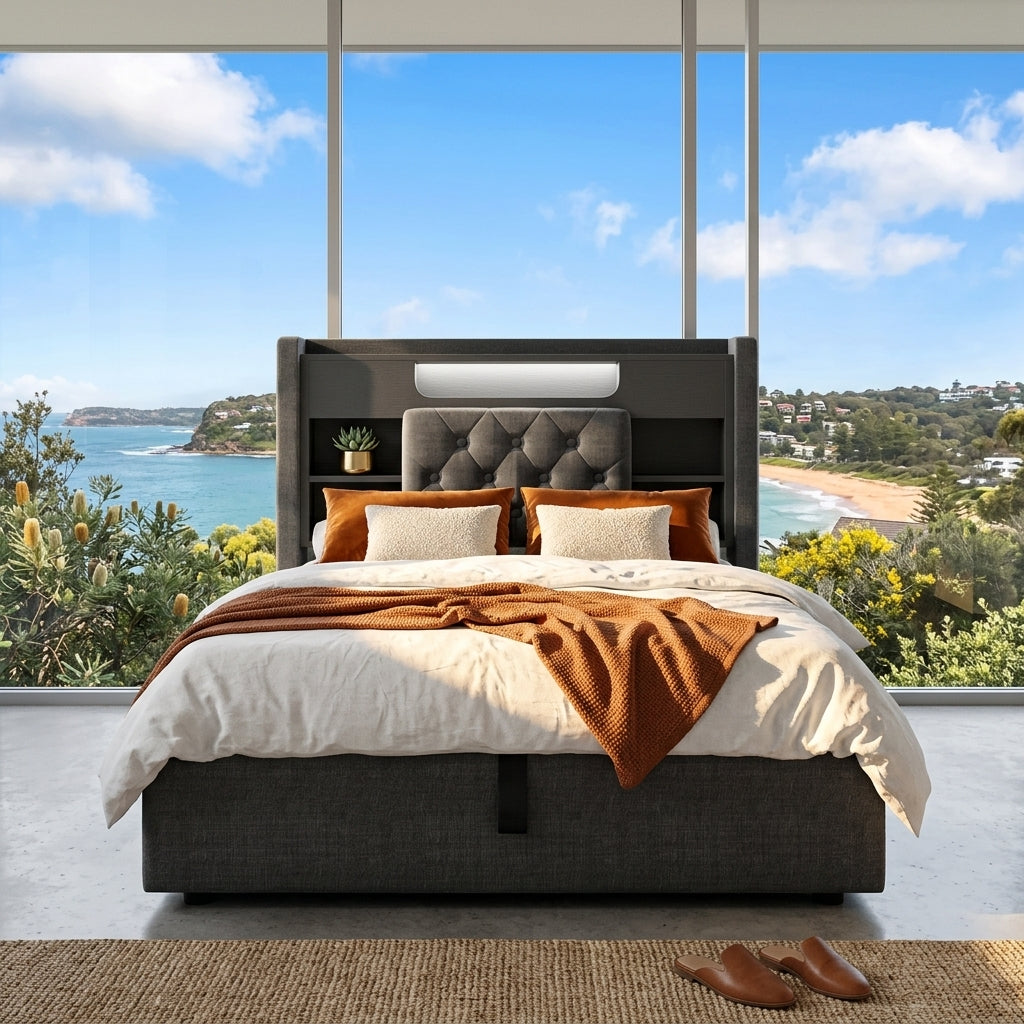 Audreamy Dorma Ottoman Bed with Storage Drawers, LED & USB Charging Grey Linen