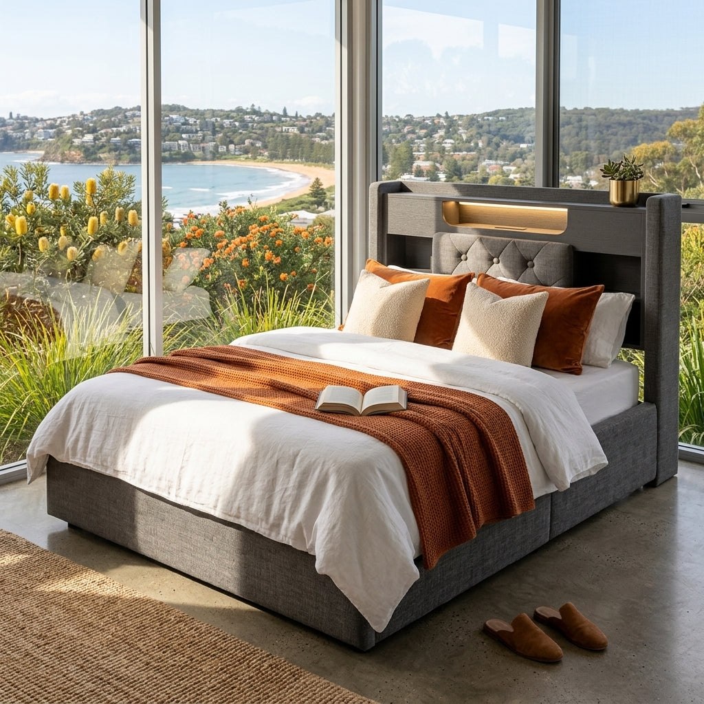 Audreamy Dorma Ottoman Bed with Storage Drawers, LED & USB Charging Grey Linen