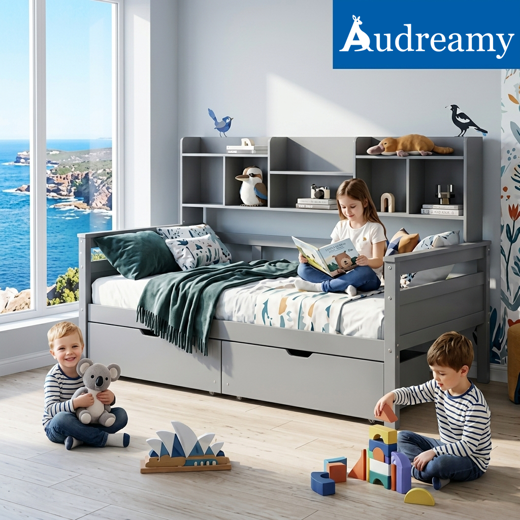 Audreamy Alder Wooden Bed with Storage Drawers Grey Single