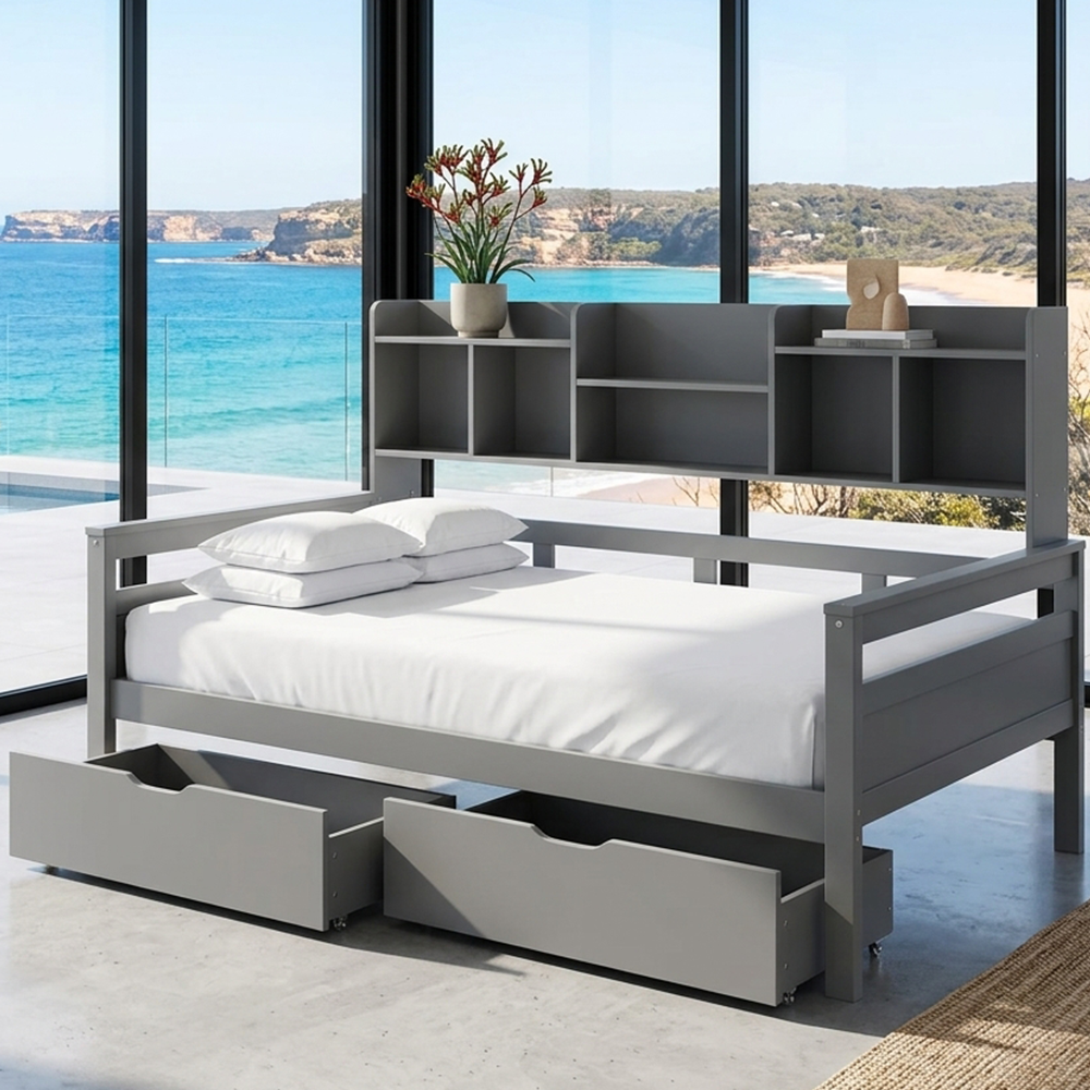 Audreamy Alder Wooden Bed with Storage Drawers Grey Single