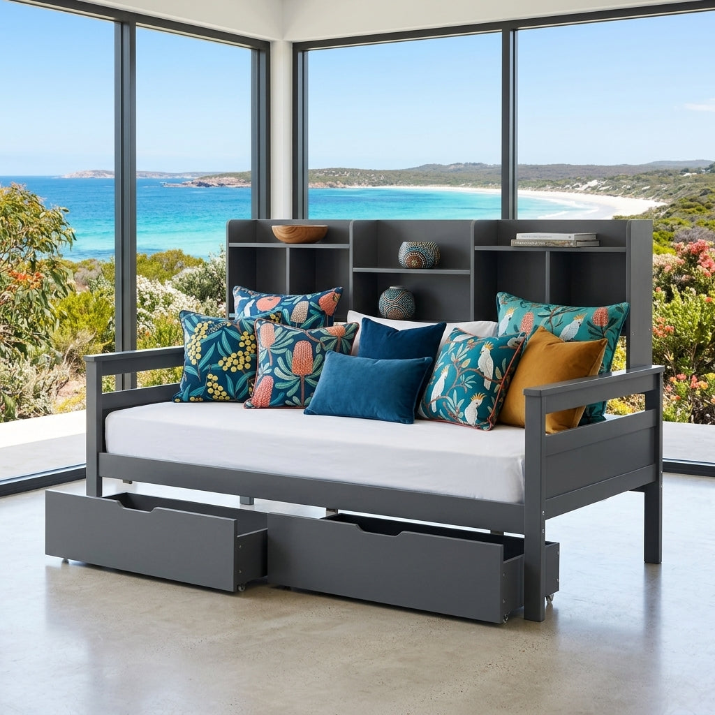 Audreamy Alder Wooden Bed with Storage Drawers Grey Single