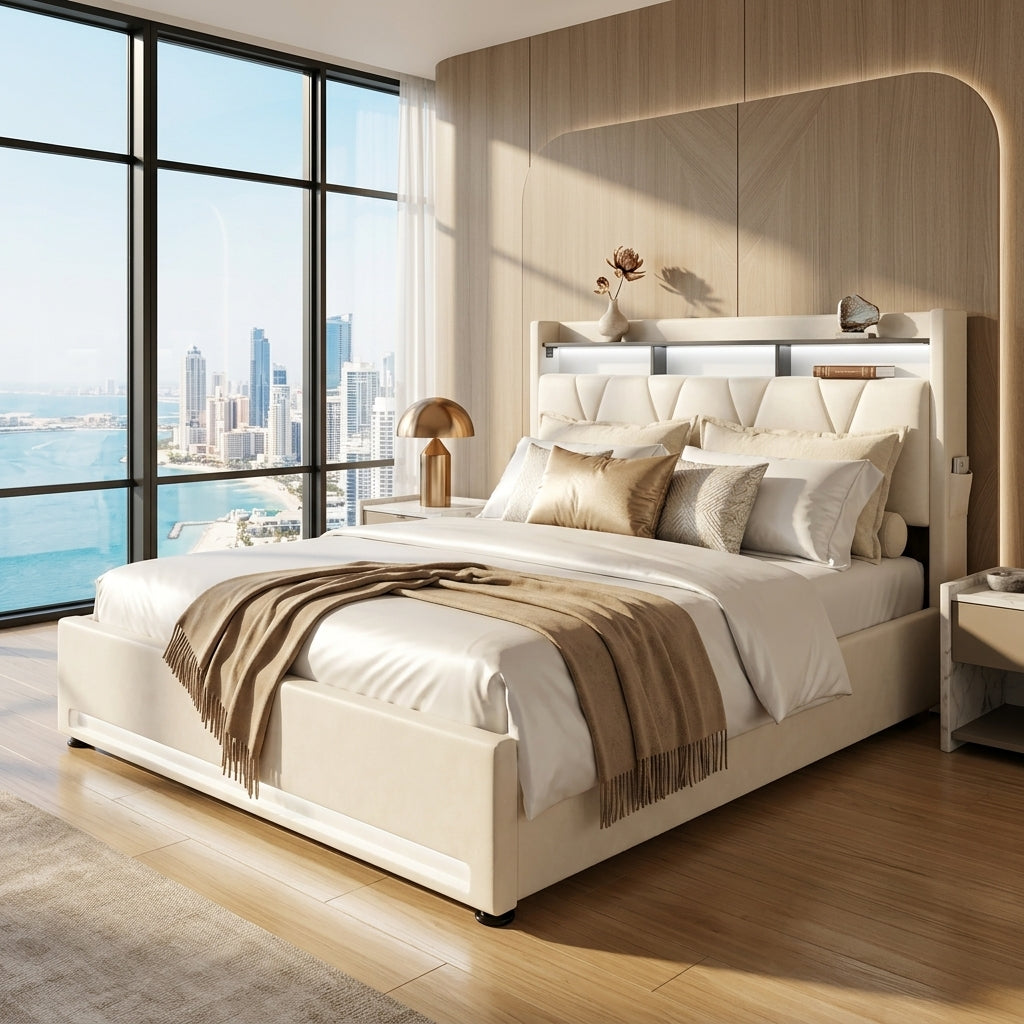 Audreamy Vega Ottoman Bed Beige Velvet