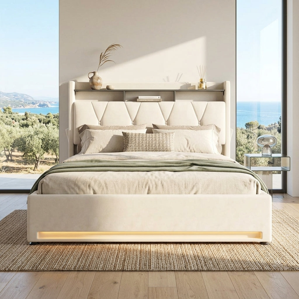 Audreamy Vega Ottoman Bed Beige Velvet