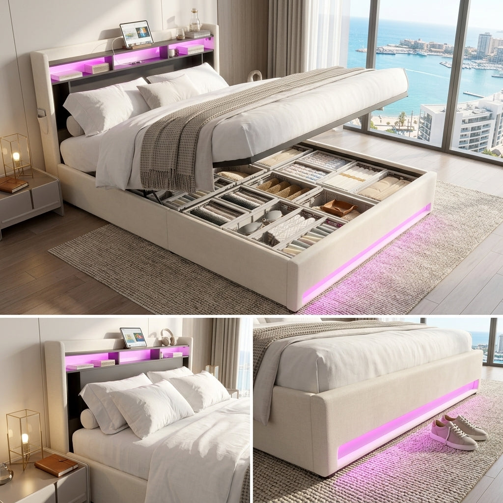 Audreamy Vega Ottoman Bed Beige Velvet