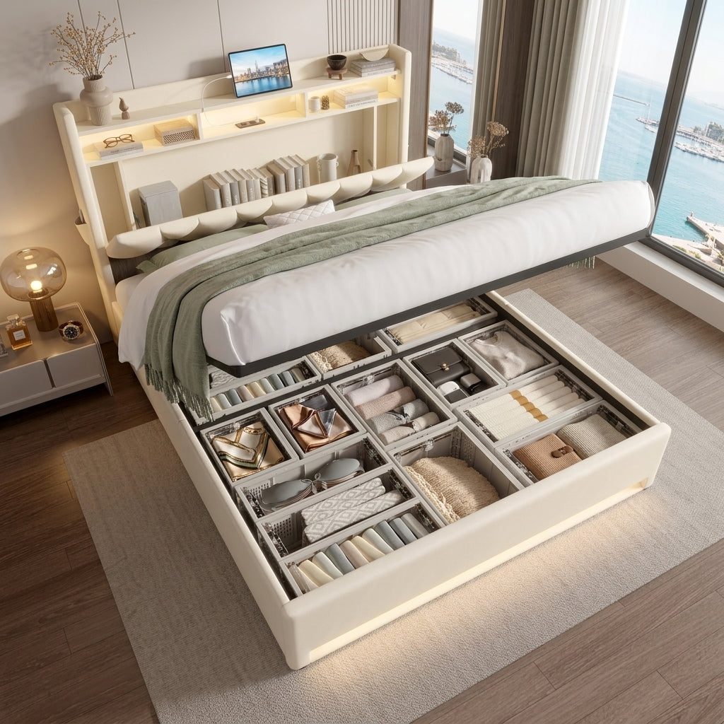Audreamy Vega Ottoman Bed Beige Velvet