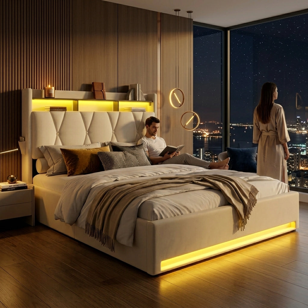 Audreamy Vega Ottoman Bed Beige Velvet