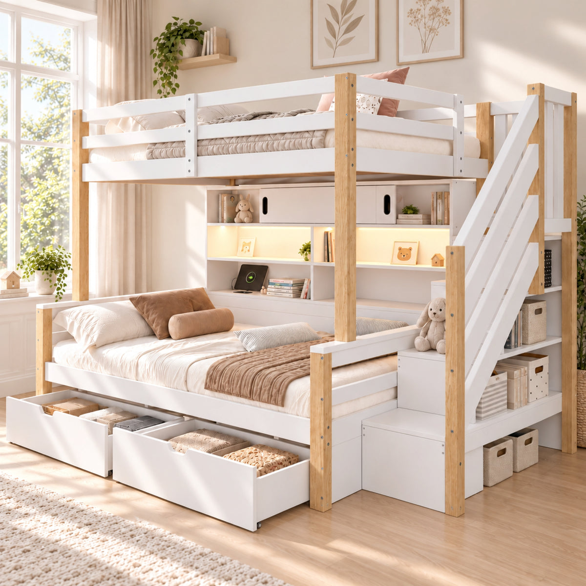 Audreamy Kuga Loft Bed, Solid Wood Frame with Drawers, Storage Stairs, Shelves & Lockers, Safety Guardrails