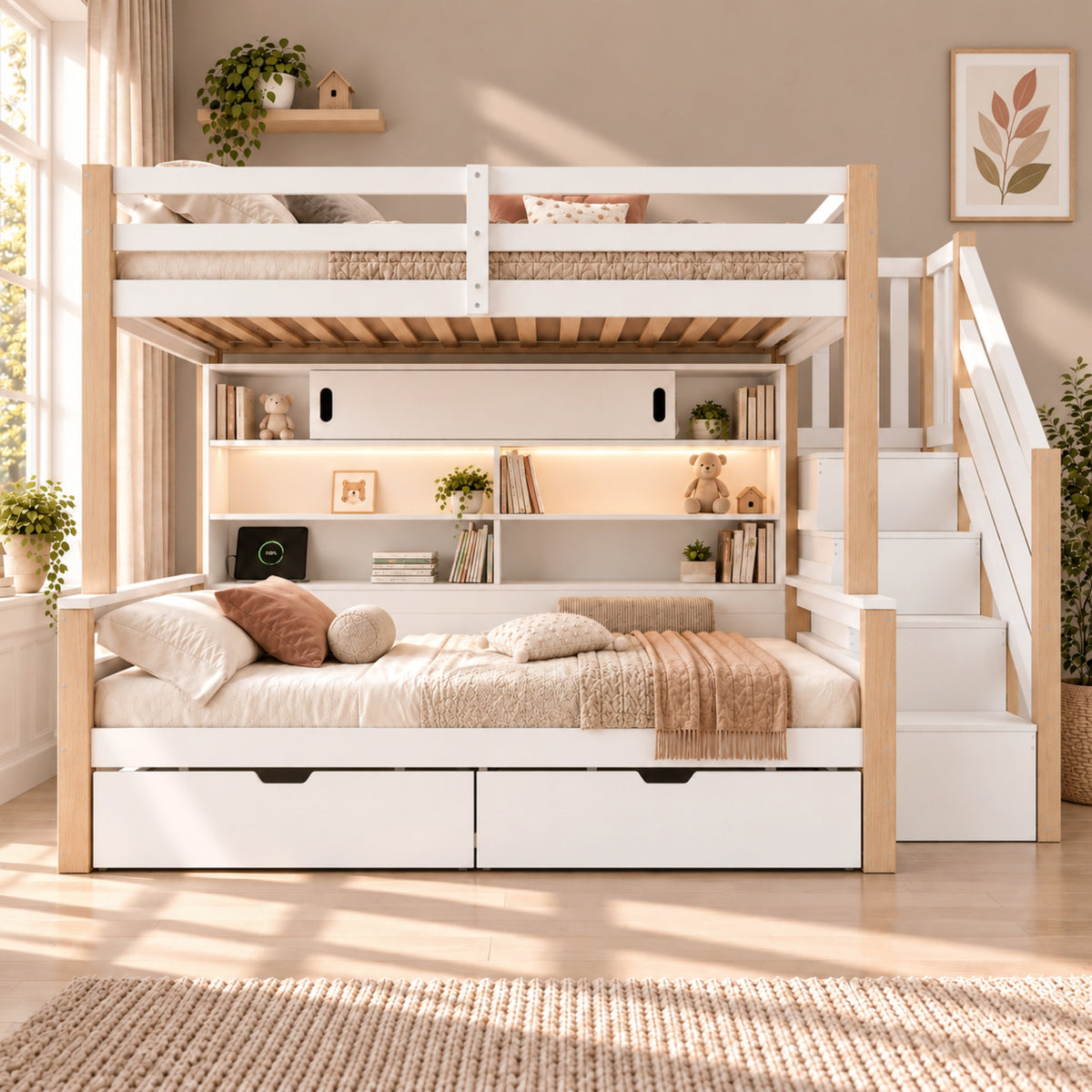 Audreamy Kuga Loft Bed, Solid Wood Frame with Drawers, Storage Stairs, Shelves & Lockers, Safety Guardrails