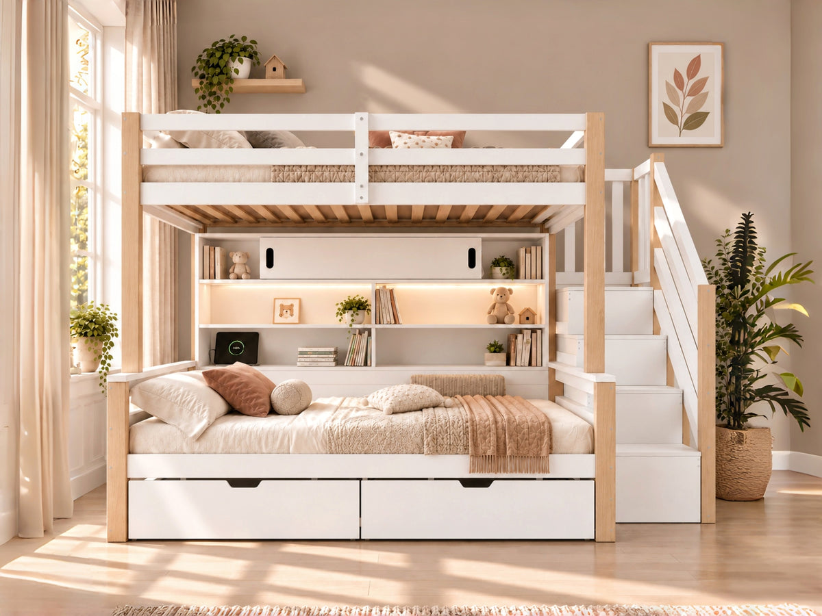 Audreamy Kuga Loft Bed, Solid Wood Frame with Drawers, Storage Stairs, Shelves & Lockers, Safety Guardrails