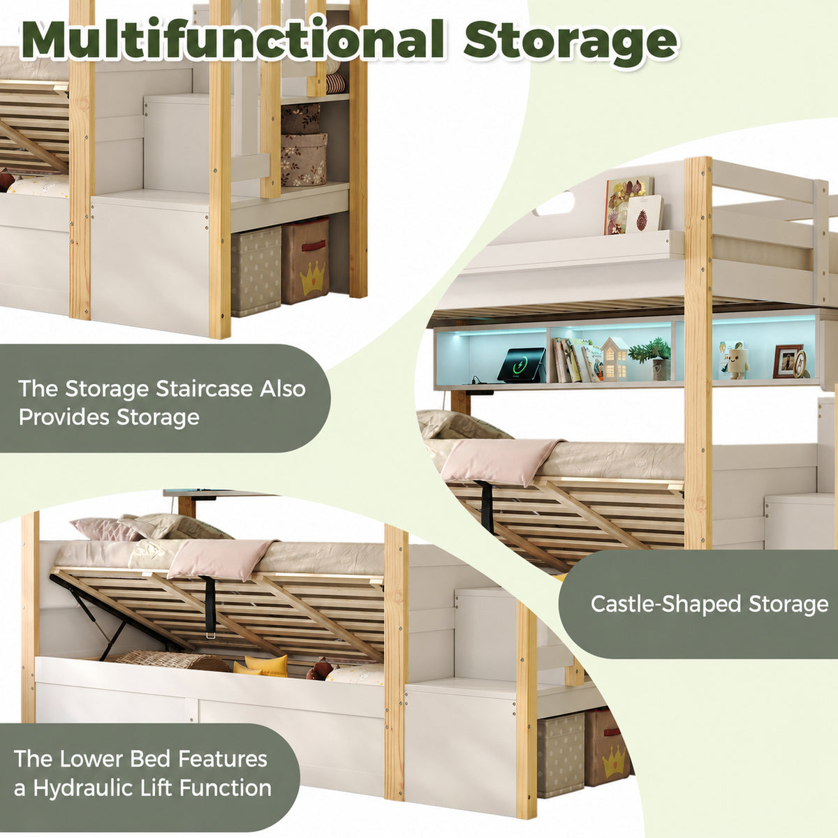 Audreamy Bobo Children's Loft Bunk Bed with LED Lights & Storage Stairs White Natural ottoman