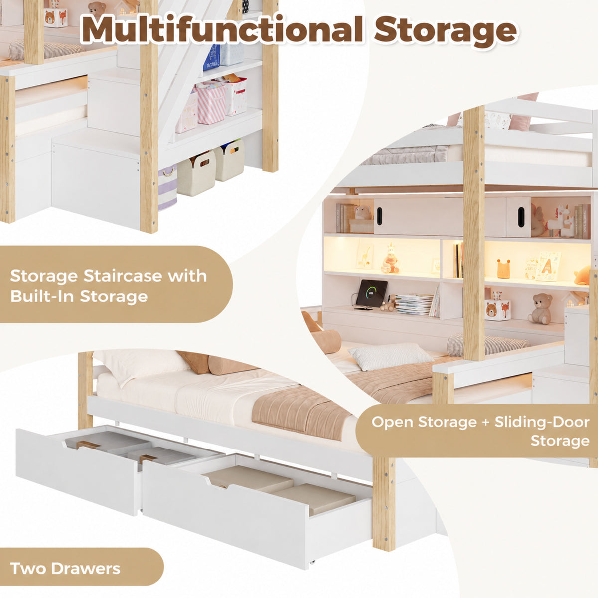 Audreamy Kuga Loft Bed, Solid Wood Frame with Drawers, Storage Stairs, Shelves & Lockers, Safety Guardrails