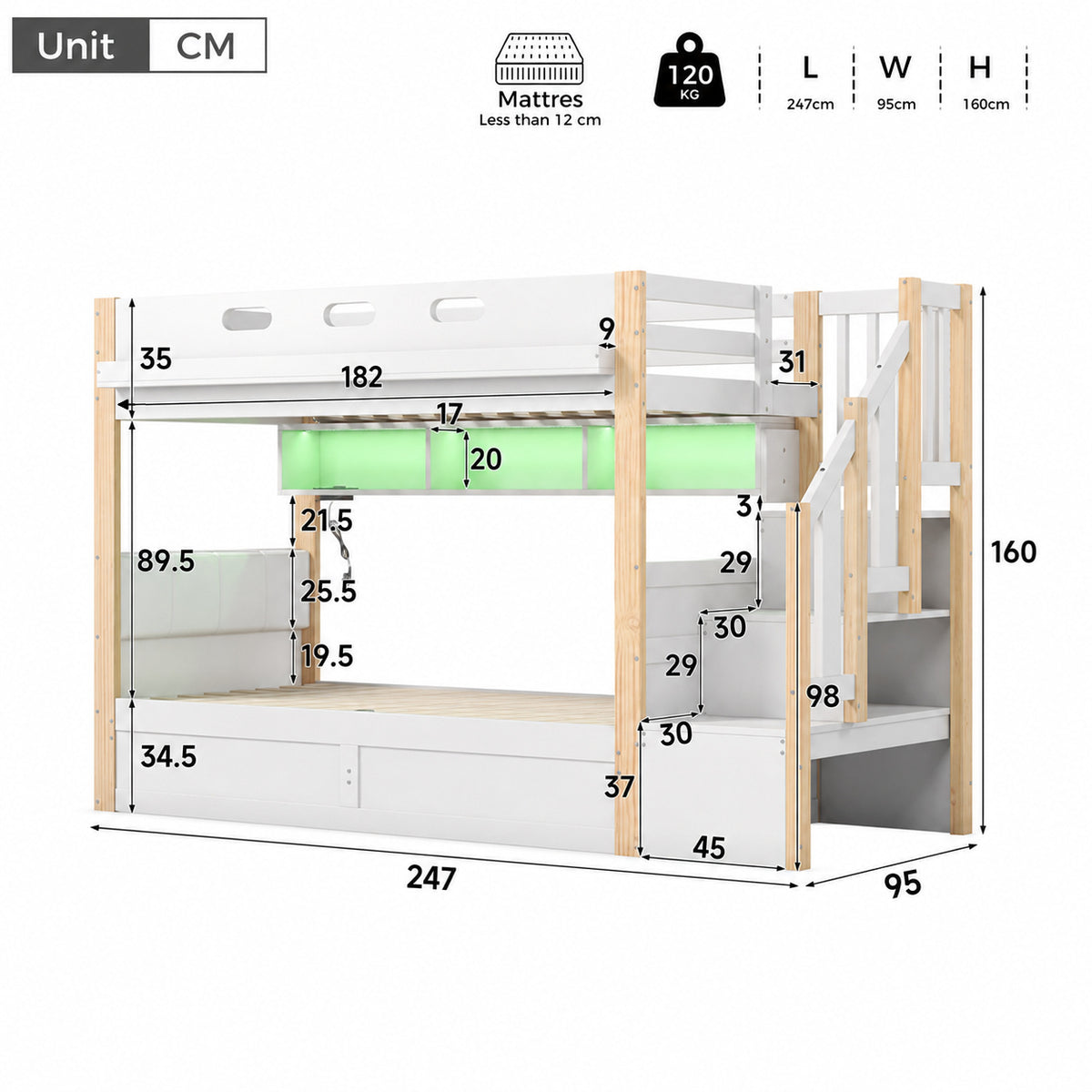 Audreamy Bobo Children's Loft Bunk Bed with LED Lights & Storage Stairs White Natural ottoman