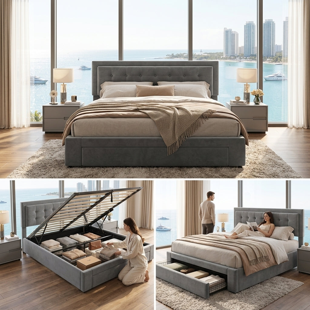 Audreamy Everley Ottoman Bed Grey Velvet
