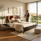 Metal bed, With a PU-upholstered headboard,  Black Iron+PU