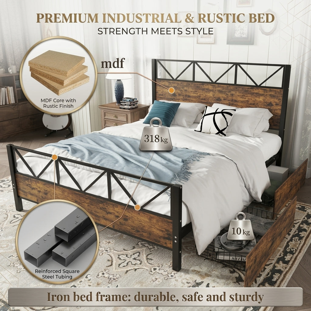 Metal Bed Iron bed, Black+Wood