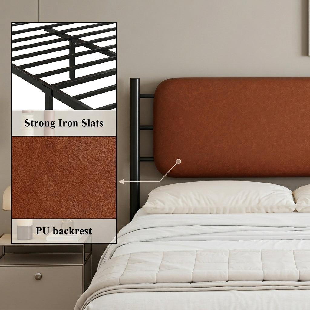 Metal bed, With a PU-upholstered headboard,  Black Iron+PU