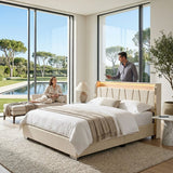 Upholstered Bed Frame with Hydraulic Storage, Ottoman Bed Beige Linen