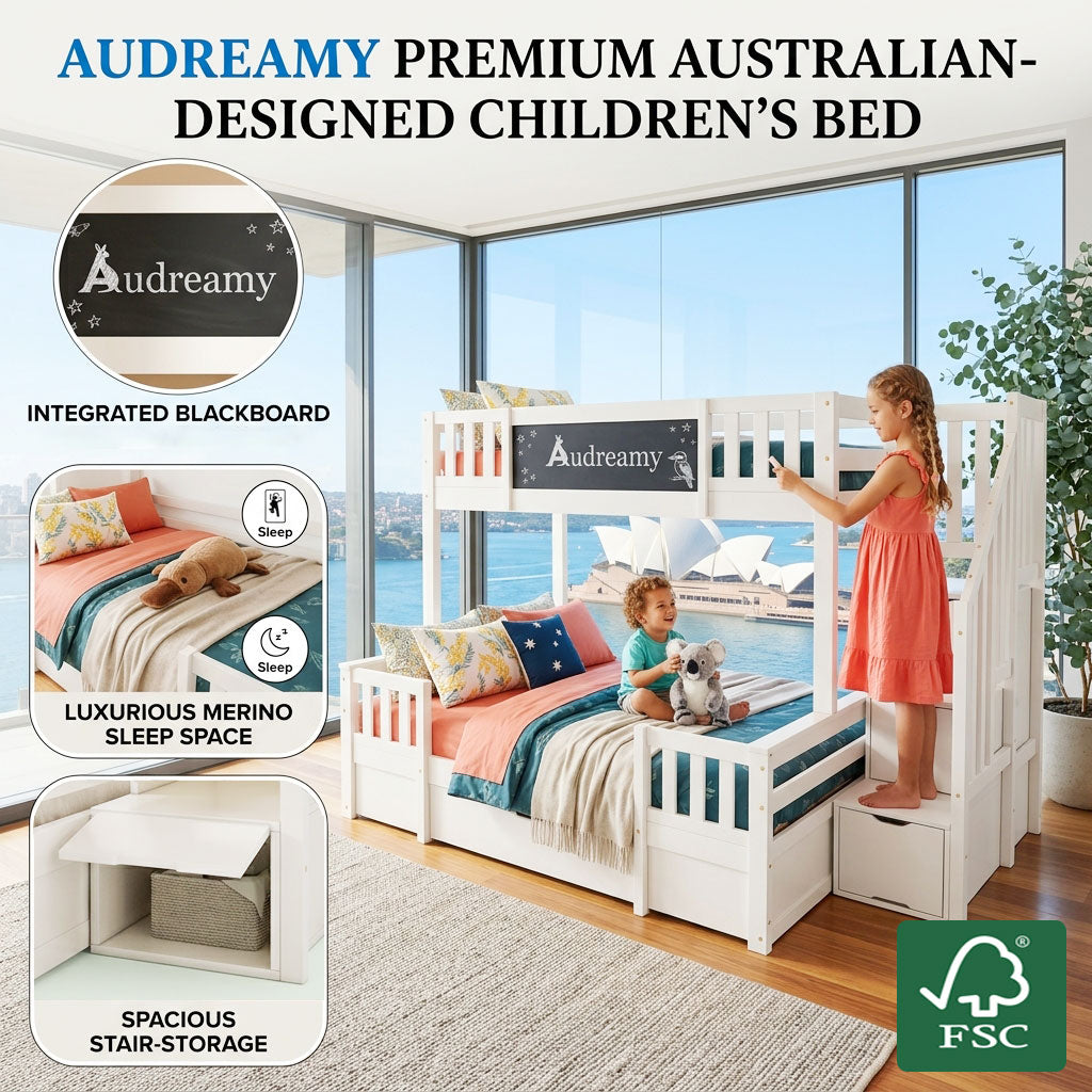 Audreamy Nimby Bunk Bed with Chalkboard for Kids White Wooden