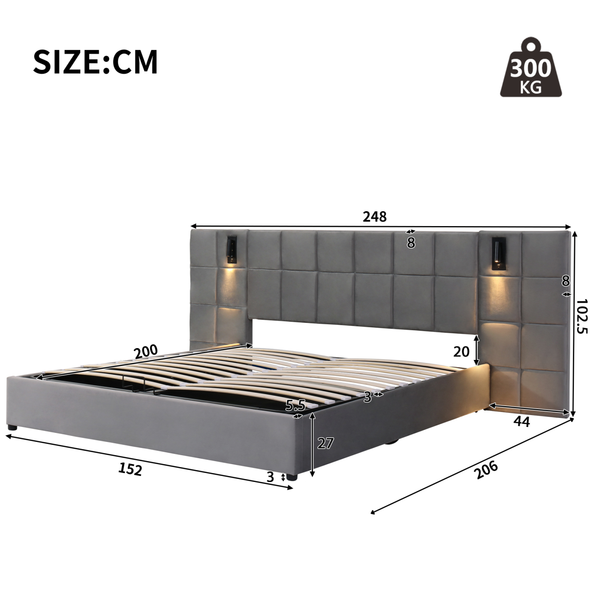 Upholstered bed, Without bedside tables and mattress, Ottoman Bed Grey Velvet