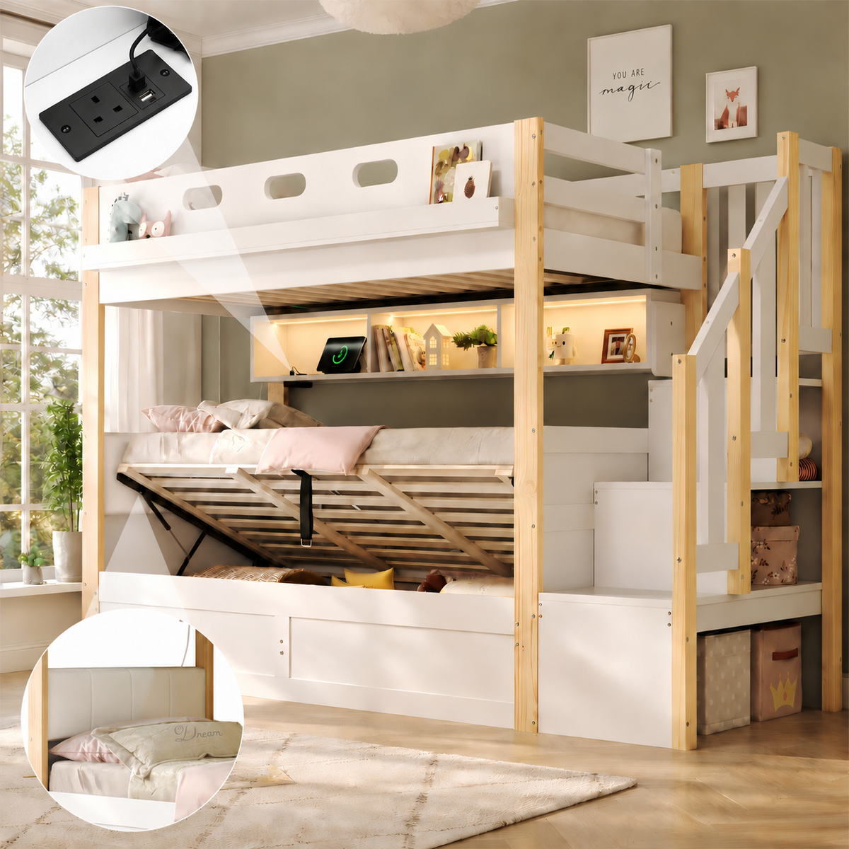 Audreamy Bobo Children's Loft Bunk Bed with LED Lights & Storage Stairs White Natural ottoman