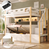 Audreamy Bobo Children's Loft Bunk Bed with LED Lights & Storage Stairs White Natural ottoman