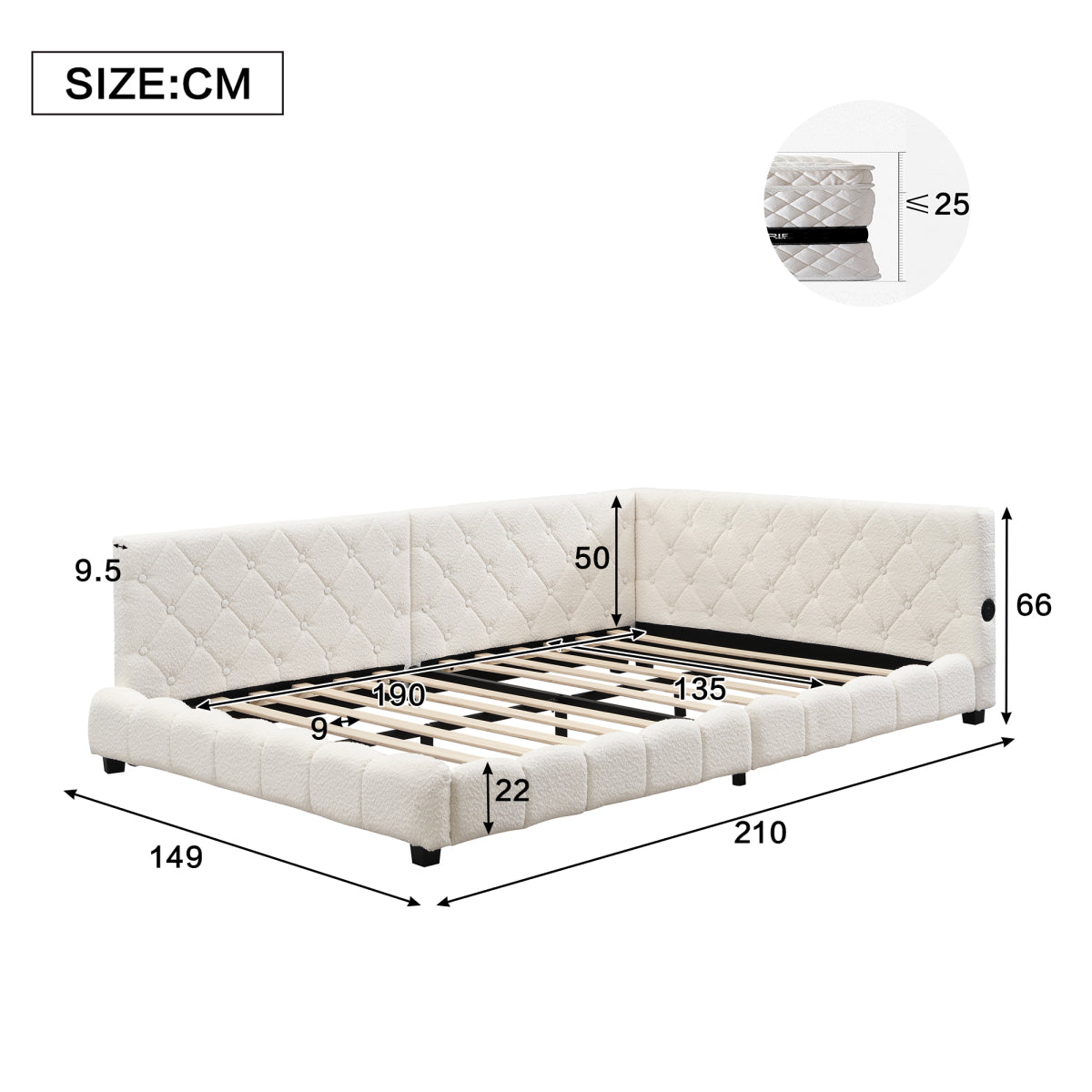 Upholstered bed,  With side rails on the bed, Bed Frame Beige