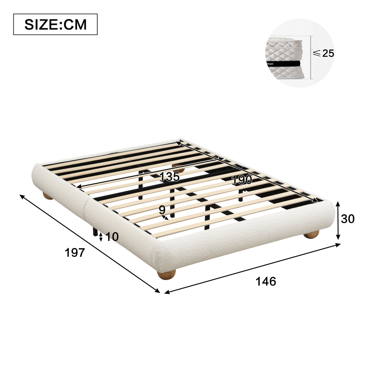 Upholstered bed, Sturdy bed slats, Bed Frame Beige