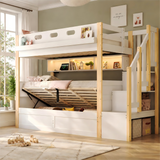 Audreamy Bobo Children's Loft Bunk Bed with LED Lights & Storage Stairs White Natural ottoman